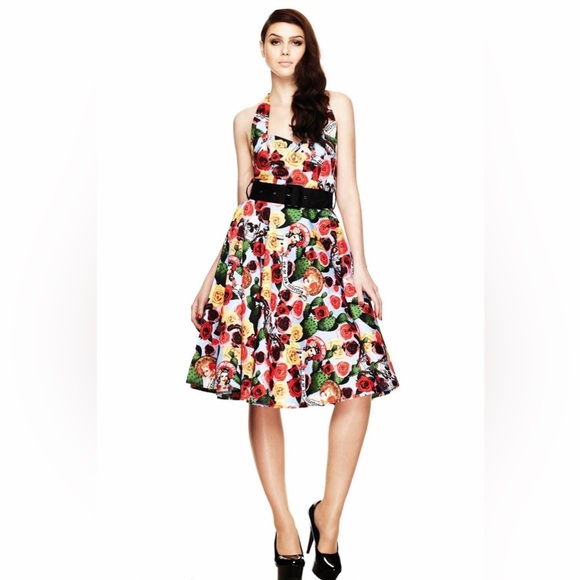 HELL BUNNY Mexico 50s Rockabilly Halter Neck Cotton Midi Dress - Picture 8 of 16